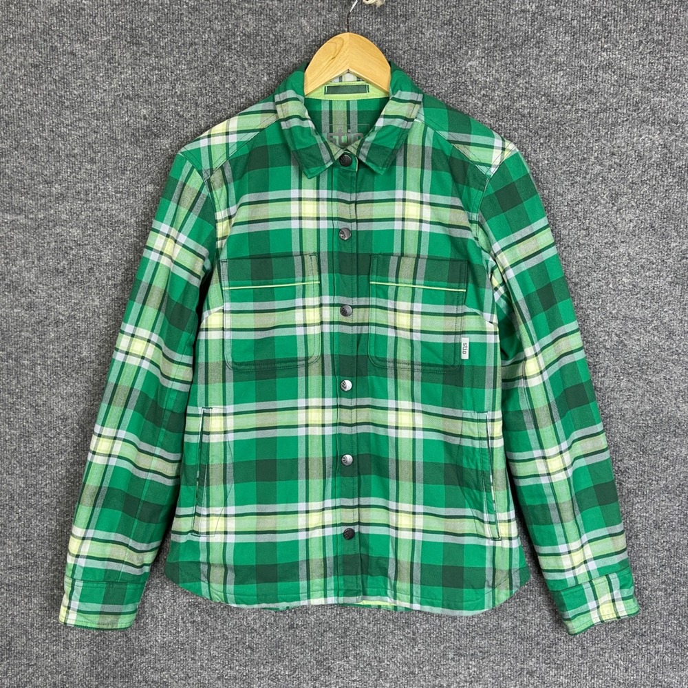 Stio Buckhorn Insulated Shirt Jacket Womens Small Green Excellent Plaid Snap